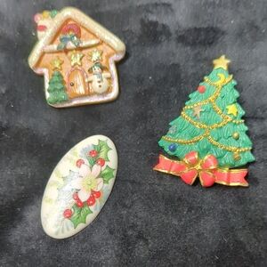 Festive Holiday Brooch Set - Christmas Tree and Gingerbread House